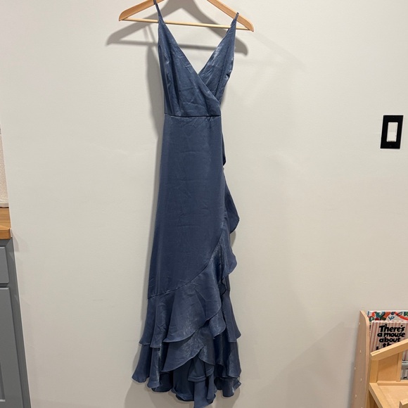 NWT Lulus In Love Forever Slate Blue Satin Lace-Up High-Low Maxi Dress - Picture 5 of 10
